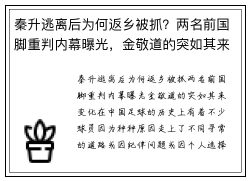 秦升逃离后为何返乡被抓？两名前国脚重判内幕曝光，金敬道的突如其来变化